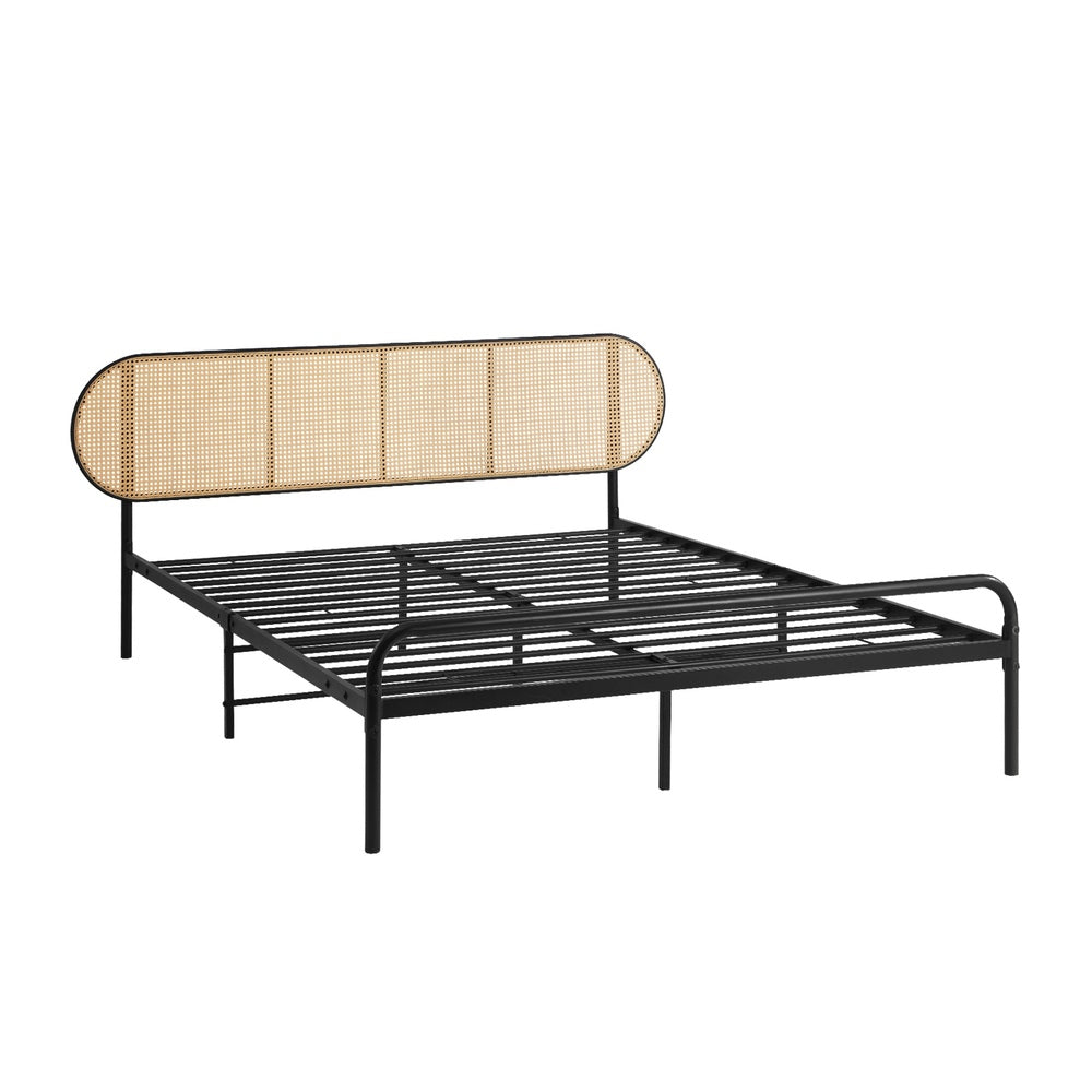 Mona Retro Modern Arched Rattan and Metal Bed Frame | Strong Metal Frame Bed with Rattan Headboard