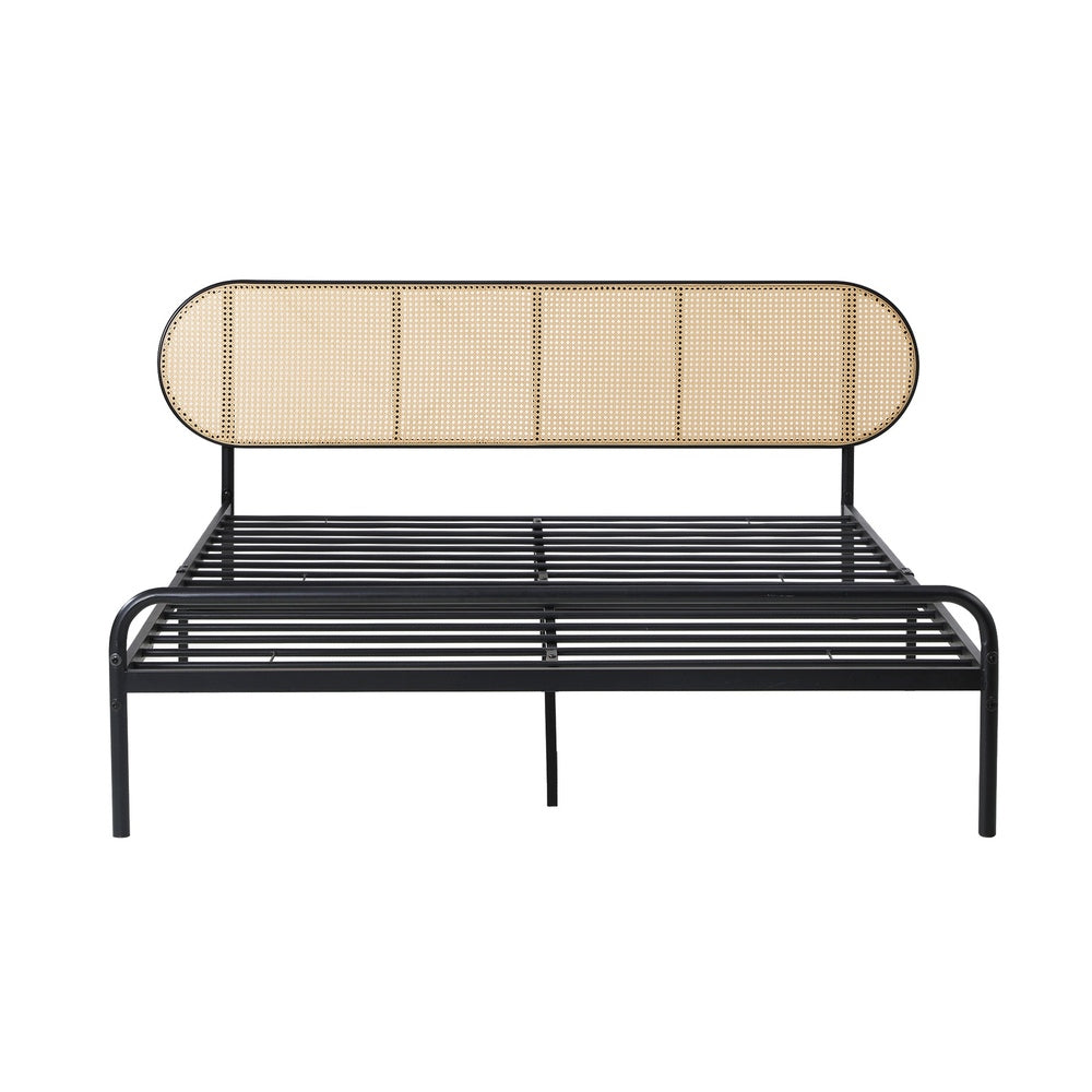 Mona Retro Modern Arched Rattan and Metal Bed Frame | Strong Metal Frame Bed with Rattan Headboard