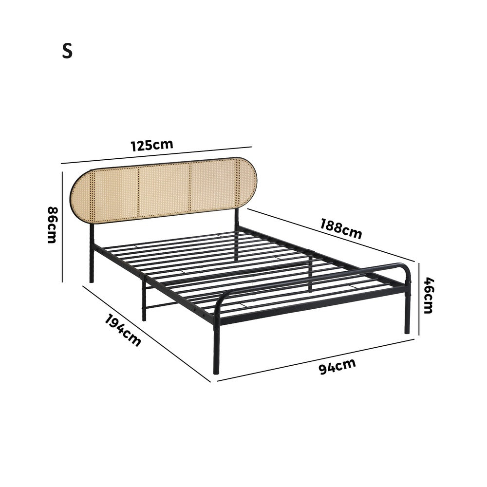 Mona Retro Modern Arched Rattan and Metal Bed Frame | Strong Metal Frame Bed with Rattan Headboard