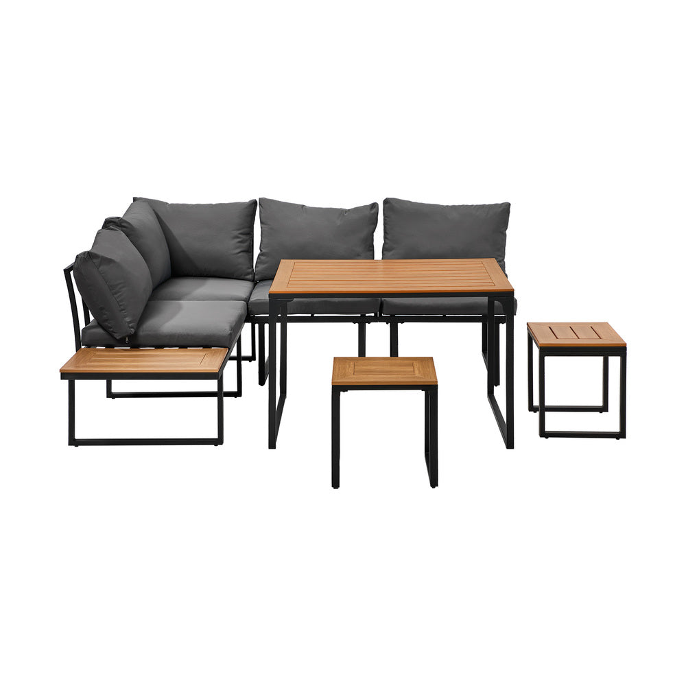 Bolero Amalfi 6 Seater Cushioned Outdoor Lounge Set with Table | Modern Metal Wood Soft Cushion Outdoor Dining Sofa Set