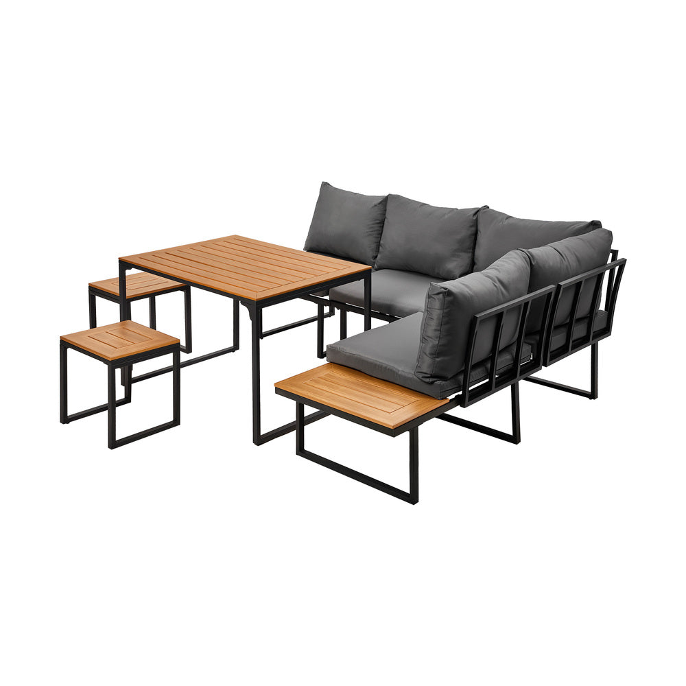 Bolero Amalfi 6 Seater Cushioned Outdoor Lounge Set with Table | Modern Metal Wood Soft Cushion Outdoor Dining Sofa Set