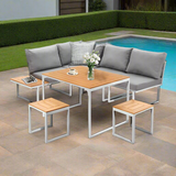 Bolero Amalfi 6 Seater Cushioned Outdoor Lounge Set with Table | Modern Metal Wood Soft Cushion Outdoor Dining Sofa Set
