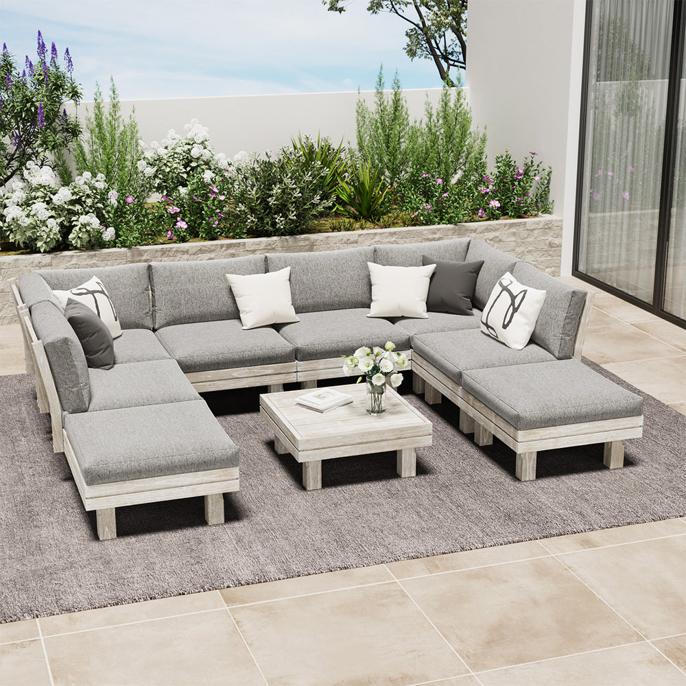 Milano Luxe Wooden Outdoor Lounge Set with Table | Modern Soft Extra Wide Cushions Outdoor Sofa Set