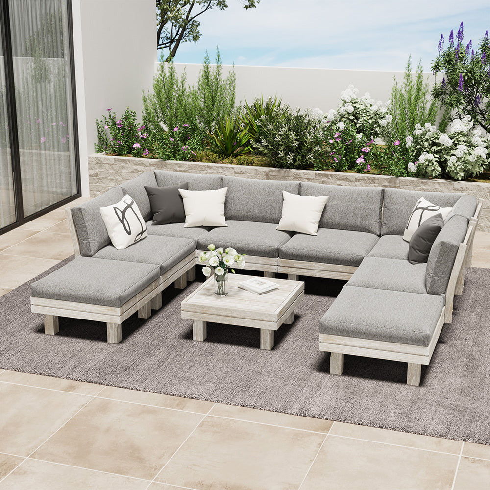 Milano Luxe Wooden Outdoor Lounge Set with Table | Modern Soft Extra Wide Cushions Outdoor Sofa Set