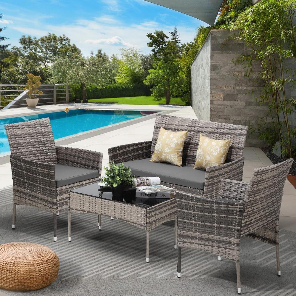 Terraza Premium Wicker Rattan 4pc Outdoor Furniture Set | 4 Piece Outdoor Lounge and Table Patio Set