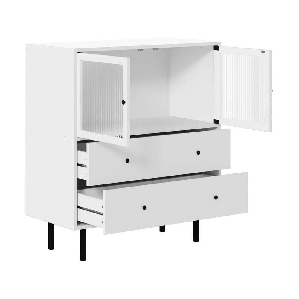 Barbados Modern 2 Drawer Sideboard with Fluted Glass Door | Hampton Style Display Storage Cabinet