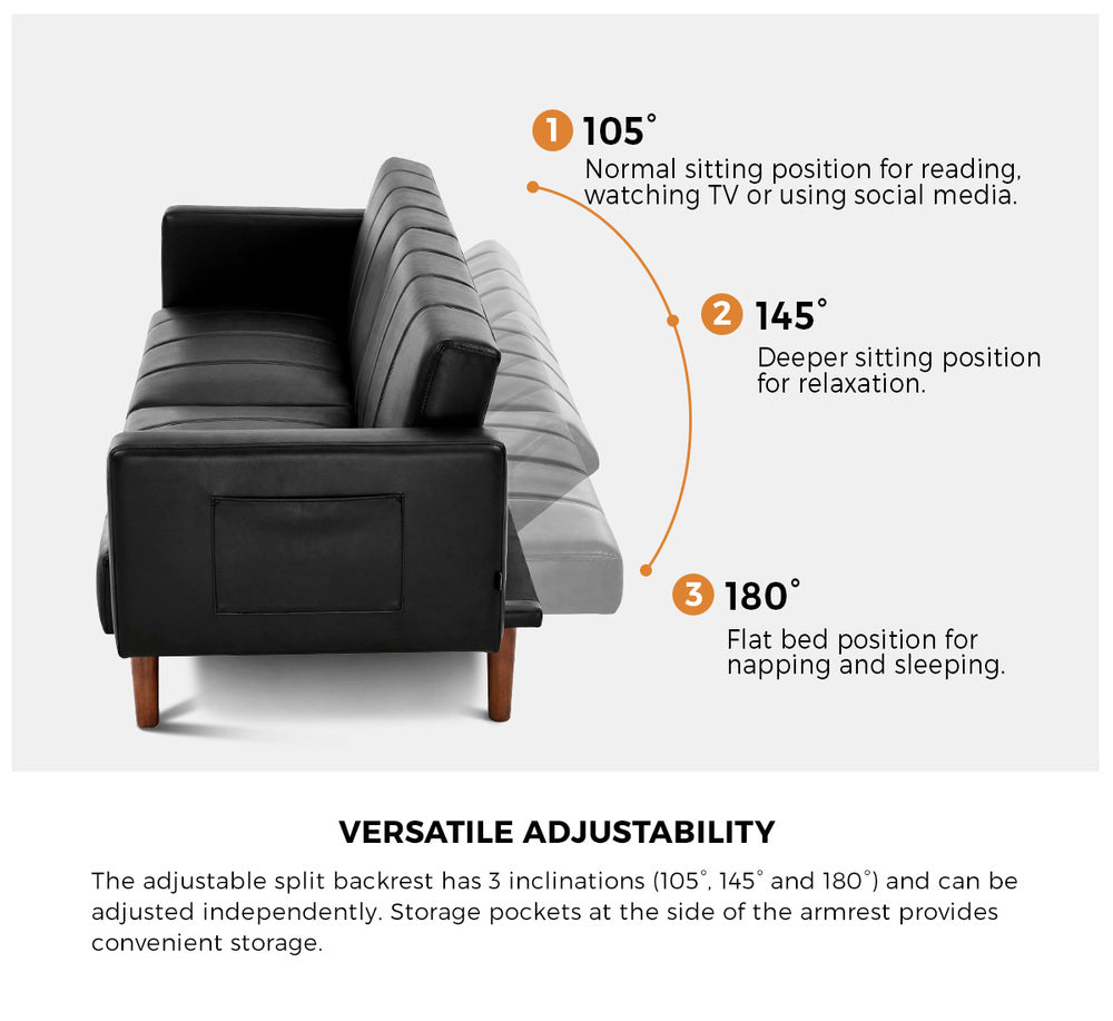 Astore 3 Seater Sofa Couch and Fold Out Futon Bed | 195cm PU Leather Adjustable Luxury Futon Sofa