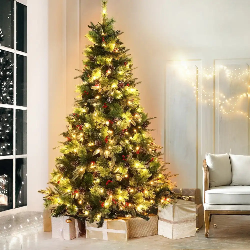 2.1M Christmas Tree with Pine Cones Red Berries Prelit LED Warm Lights