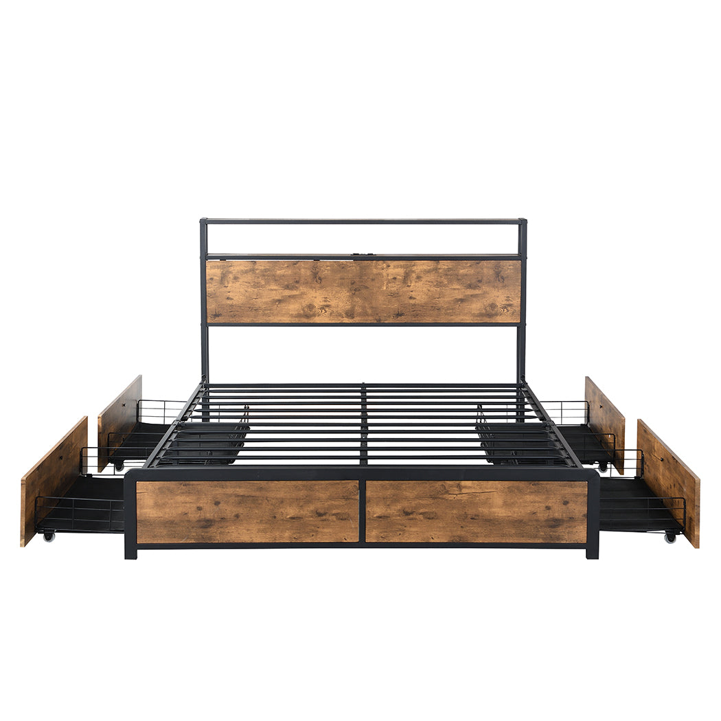 Belacio Wood Metal LED Storage Bed and 4 Draws | Multi Functional Storage LED Lights USB Bed Frame