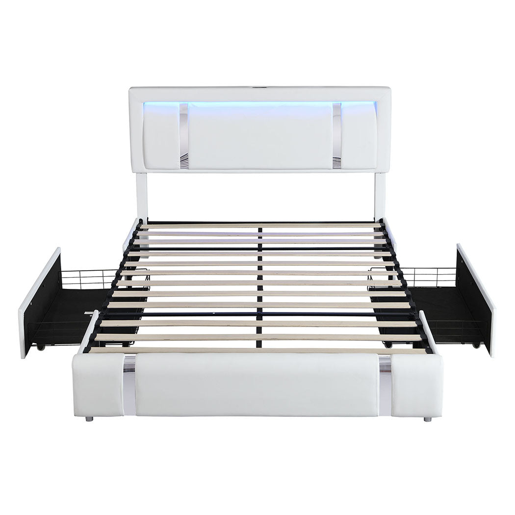Aria Luxury LED PU Leather 2 Draw Storage Bed with USB | Adjustable Headboard Soft Padded Bed Frame