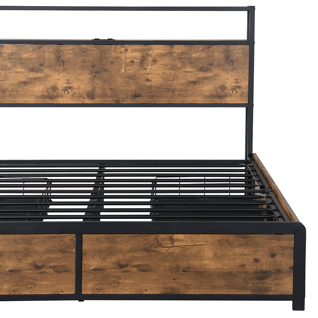 Belacio Wood Metal LED Storage Bed and 4 Draws | Multi Functional Storage LED Lights USB Bed Frame