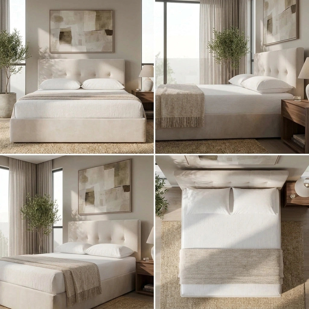 Velvet Cloud Soft Tufted Low Profile Compressed Bed | Tool-free Instant Bed Frame in Linen Beige