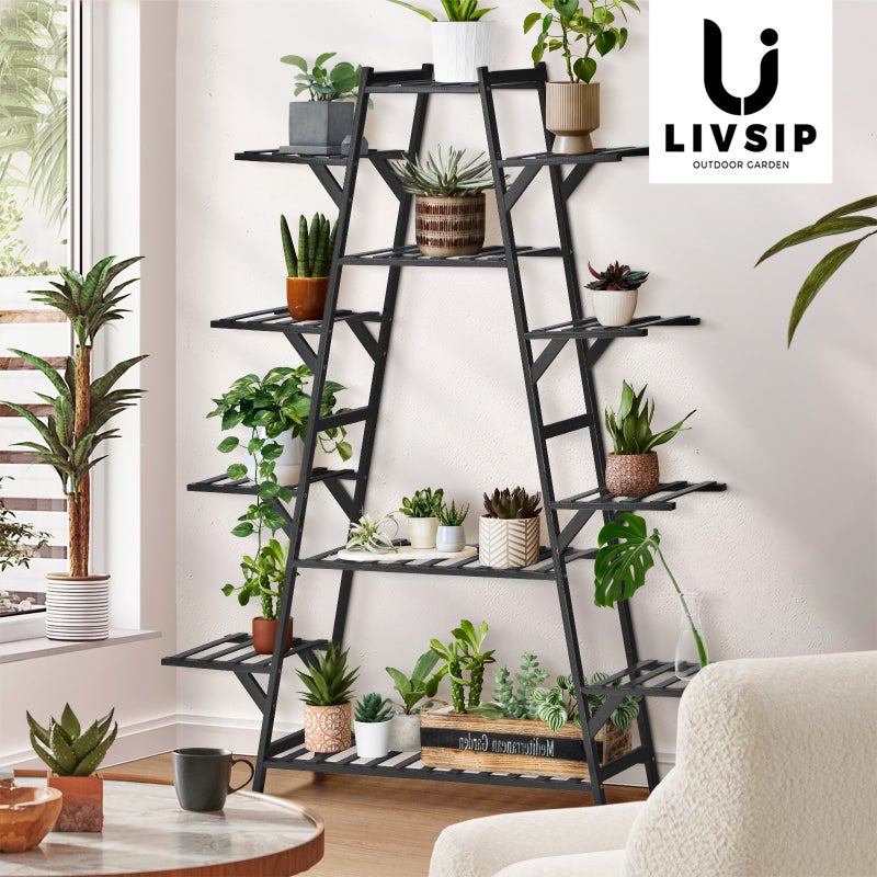 Natura 7 or 12 Tier Black Bamboo Plant Stand Tower | Multi Level Plant Flower Pot Shelf Rack Décor Stand