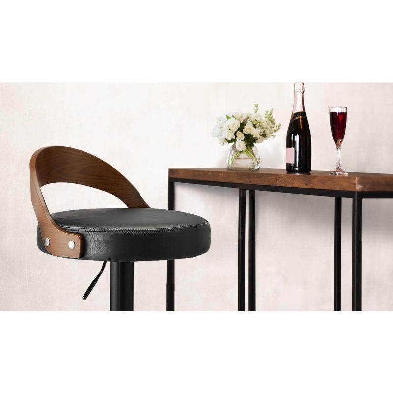 Set of Two Elis Modern Black Metal Barstools | Wood and Metal Gas Lift Adjustable Kitchen Bar Stools