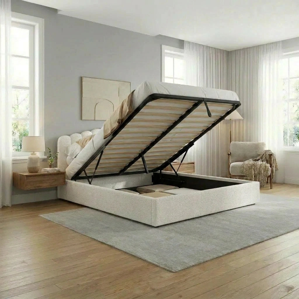 Teddy Ripple Boucle Fabric Gas Lift Storage Bed Frame | Luxe Fabric Gas Lift Modern Bed