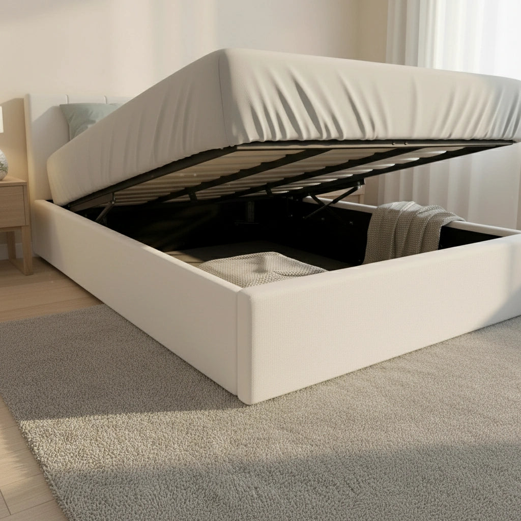 Premium Allure White PU Leather Gas Lift Storage Bed | Two In One Bed and Storage Combo Modern Design