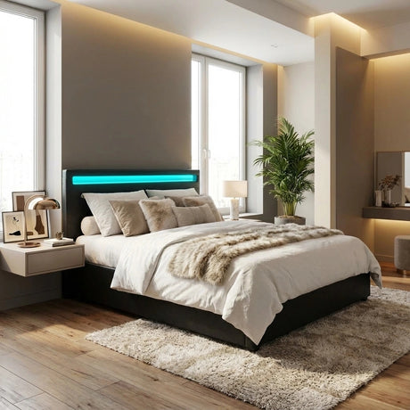 Premium Milano Black PU Leather LED Gas Lift Storage Bed | Two In One Black Bed Frame and Storage Combo