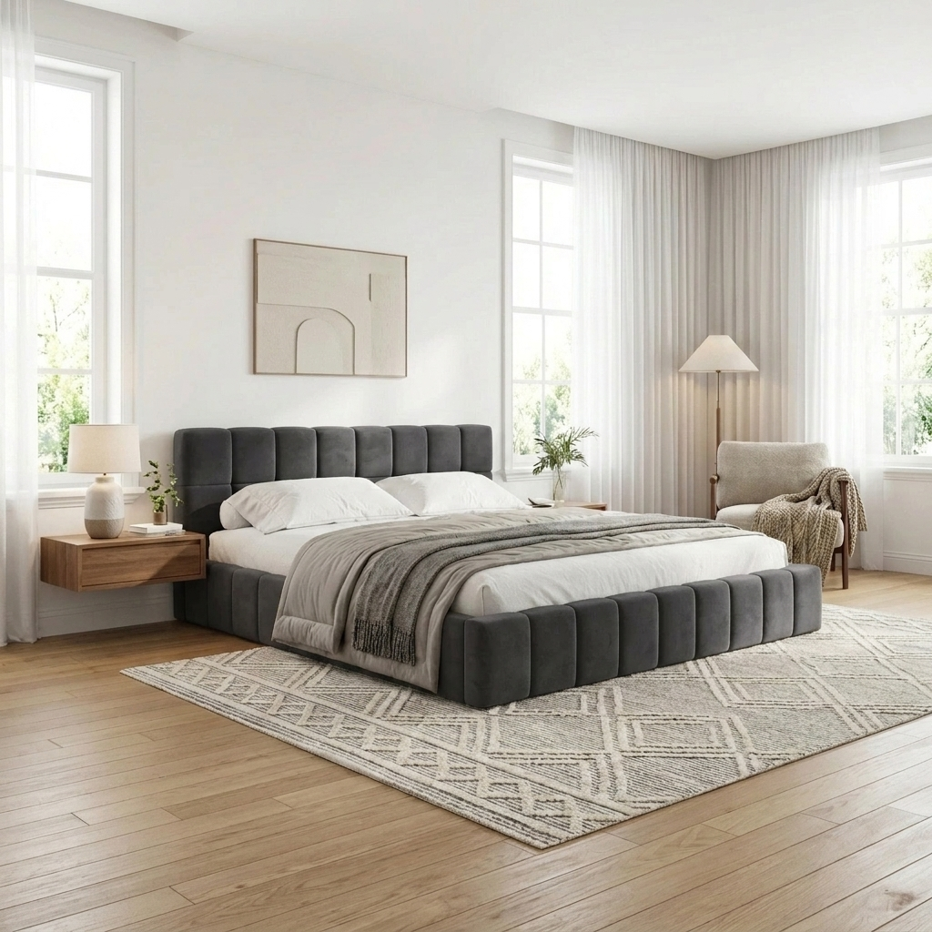 Botelia Grey Velvet Low Profile Bed Frame | Soft Luxurious Tufted Premium Fabric Ground Bed