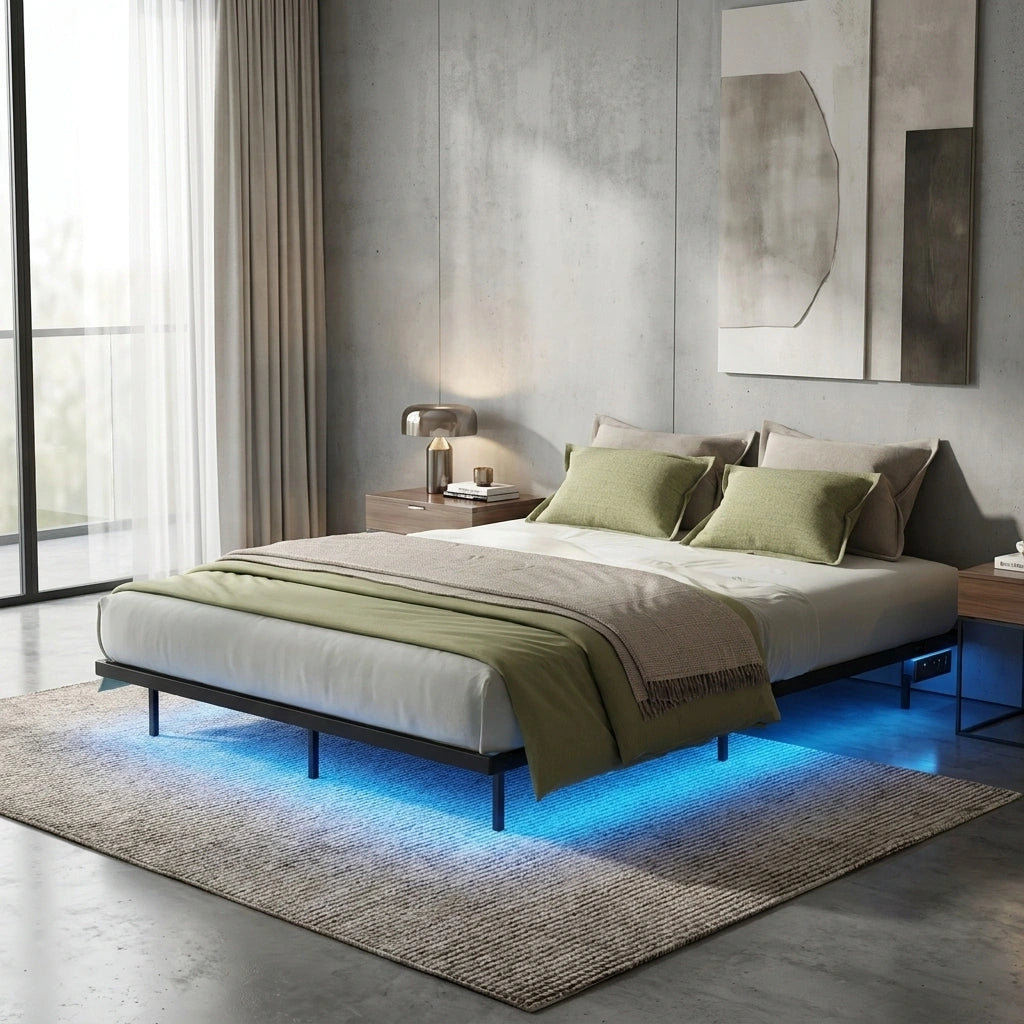 Orion LED Lights Metal Bed Base with USB  Chargers | Reinforced All Metal Floating Bed