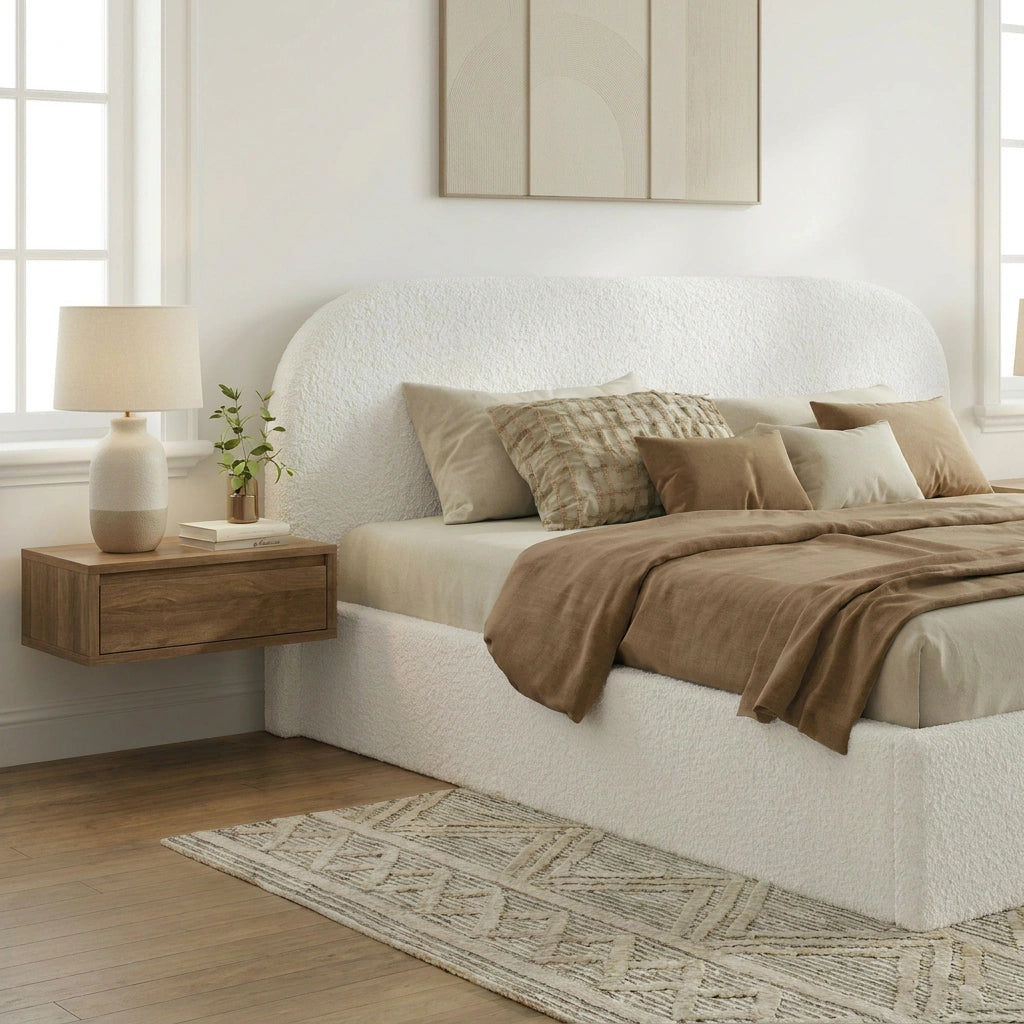 White Marshmallow Cloud Boucle Gas Lift Bed | Soft Padded Arched Fabric Storage Bed Frame