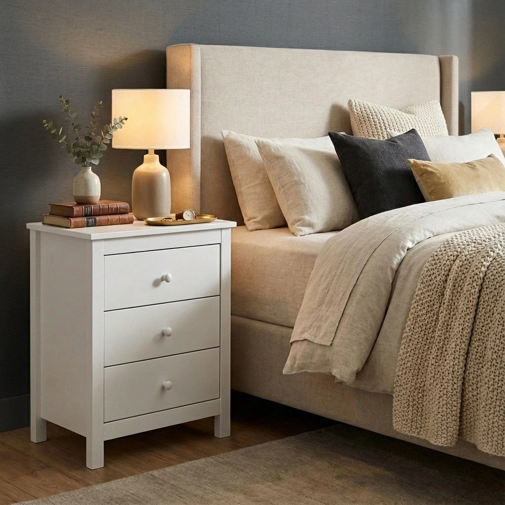 Martinique Modern Bedside Table with Three Drawers | Hampton Style Bedside Table Nightstand