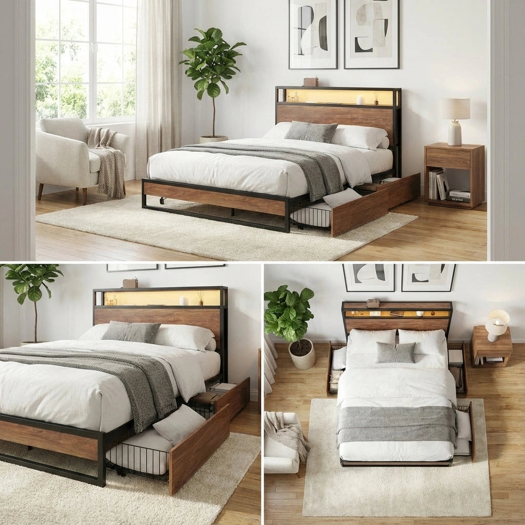 Pazzi Wood Metal LED Lights Storage Bed | Multi Functional Storage LED and USB Charging Bed Frame