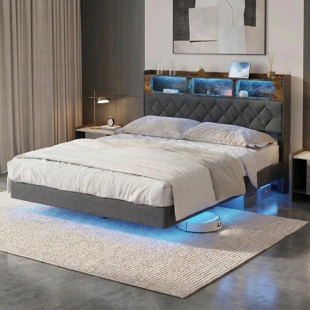Brighton Modern LED Lights Bed w USB Charging | Soft Fabric LED Floating Bed Frame