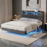 Brighton Modern LED Lights Bed w USB Charging | Soft Fabric LED Floating Bed Frame