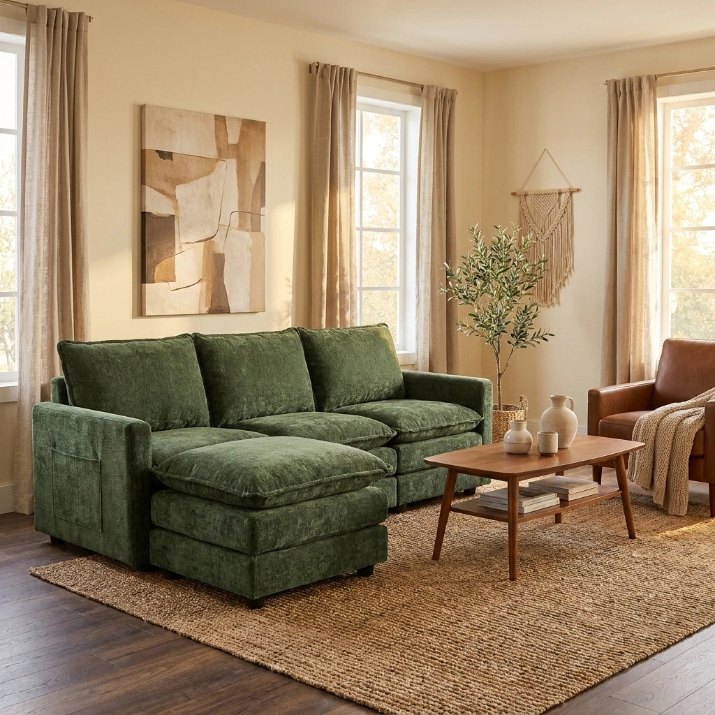 Mia Plush Fabric Modular Sofa Lounge | Soft Chennile Green Fabric Modular Sofa Thick Cushions