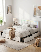 Marlisse 4 Draw Plush Velvet Beige Storage Bed | Adjustable Bedhead LED Lighting Padded Bed Frame