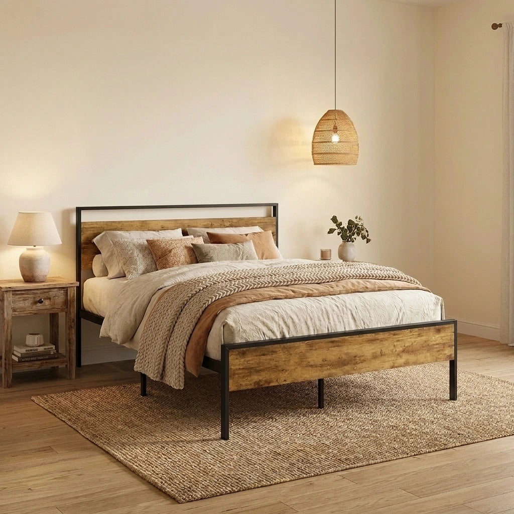 Aurelius Rustic Metal and Wood Bed | Strong Steel Support Platform Bed Frame