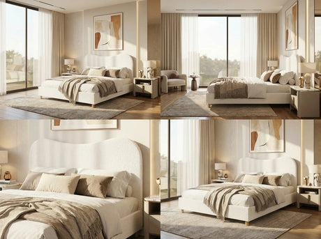 Teddy Plush Heart Boucle Fabric White Bed | Cloud Shape Cushioned Touch Upholstered Boucle Bed Frame