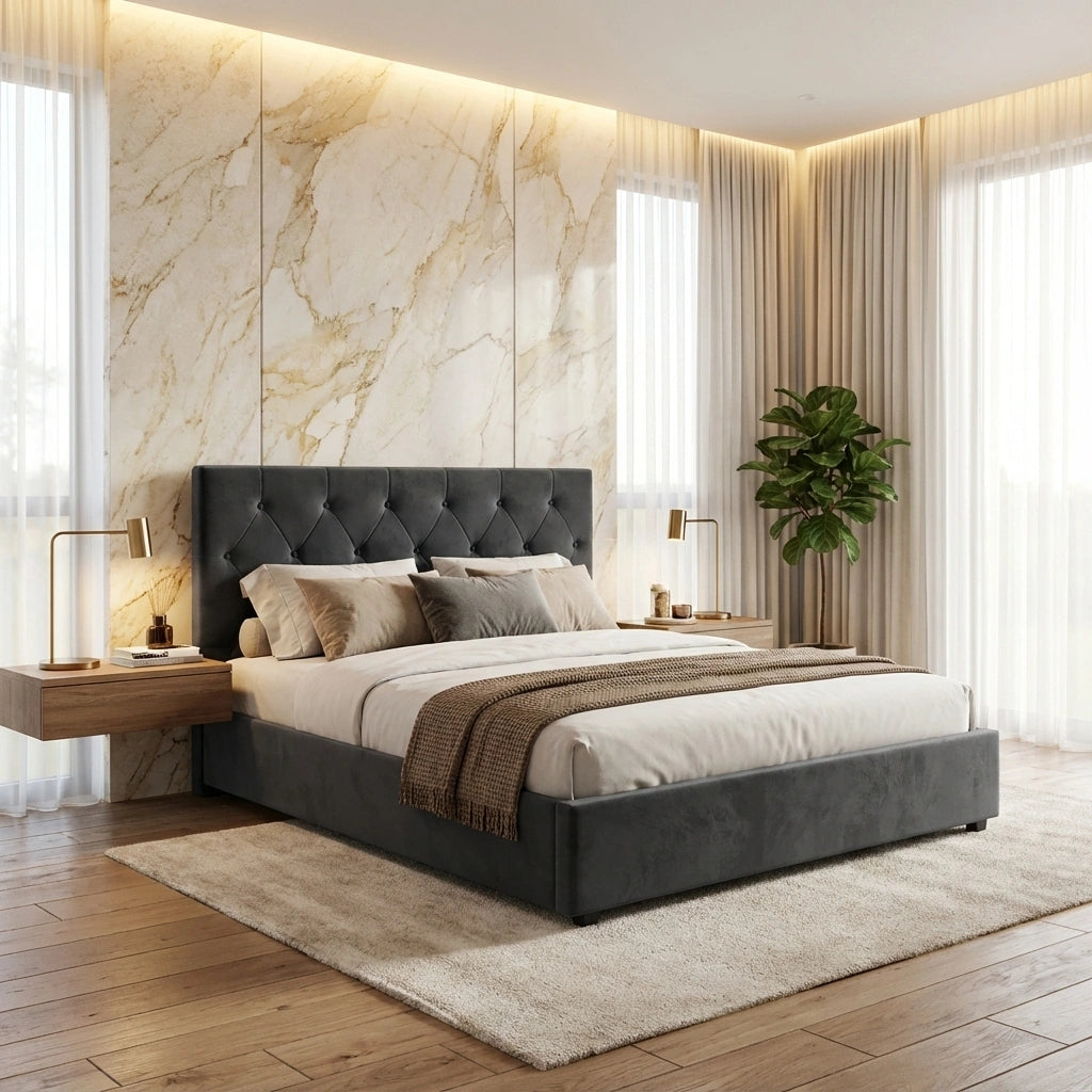 Premium Milano Grey Soft Velvet Fabric Gas Lift Storage Bed | Two In One Bed and Storage Combo Bed Frame