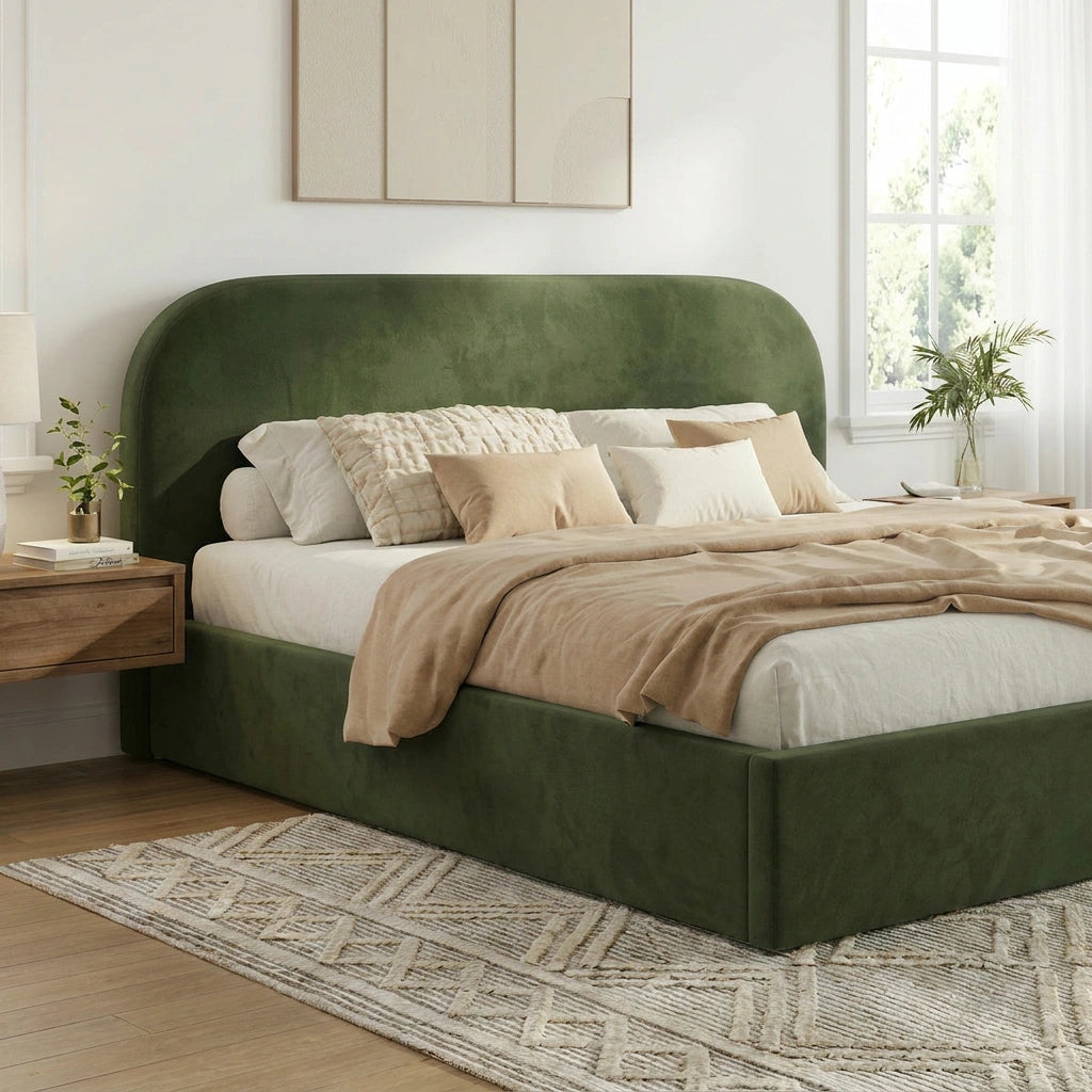 Green Cloud Marshmallow Velvet Touch Gas Lift Bed | Soft Padded Arched Fabric Storage Bed Frame