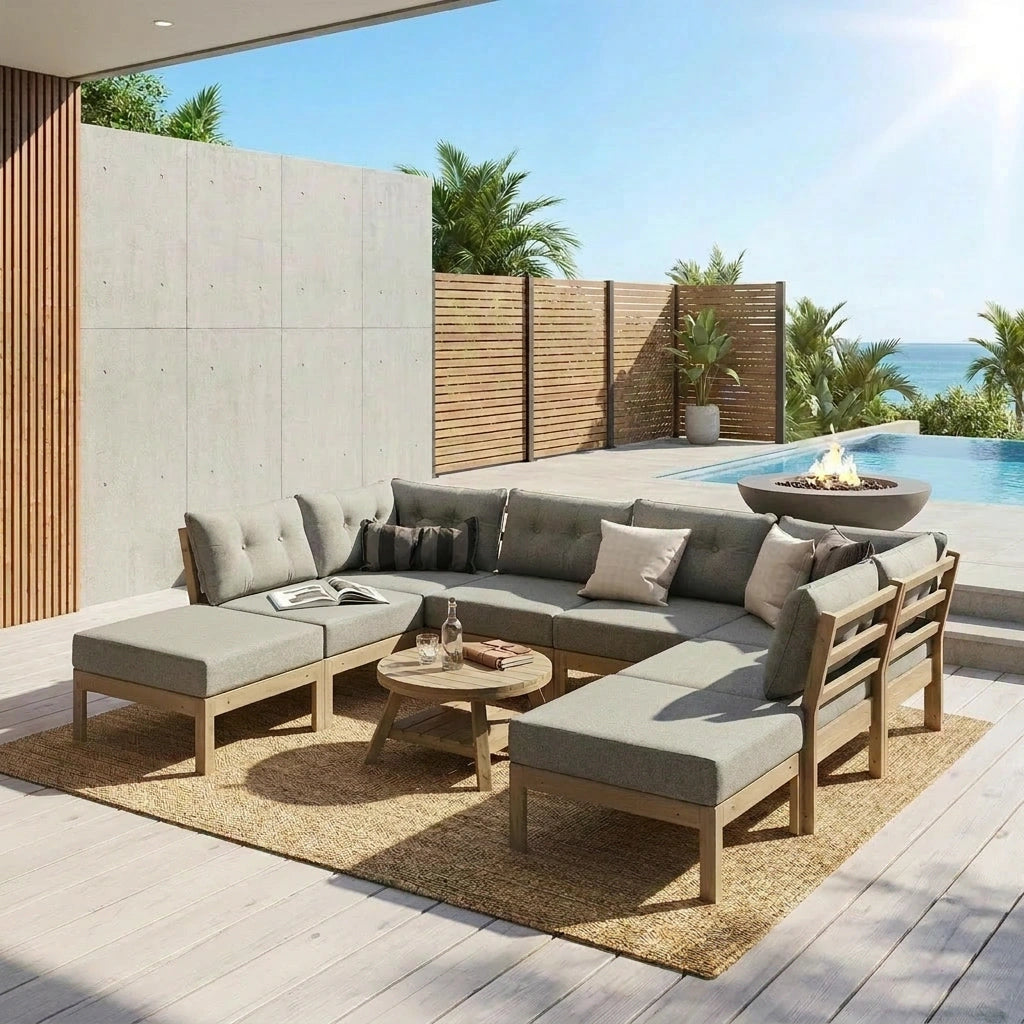 Playa Orsini Wooden Outdoor Lounge Set with Table | Modern Beige Cushion Outdoor Lounge Set