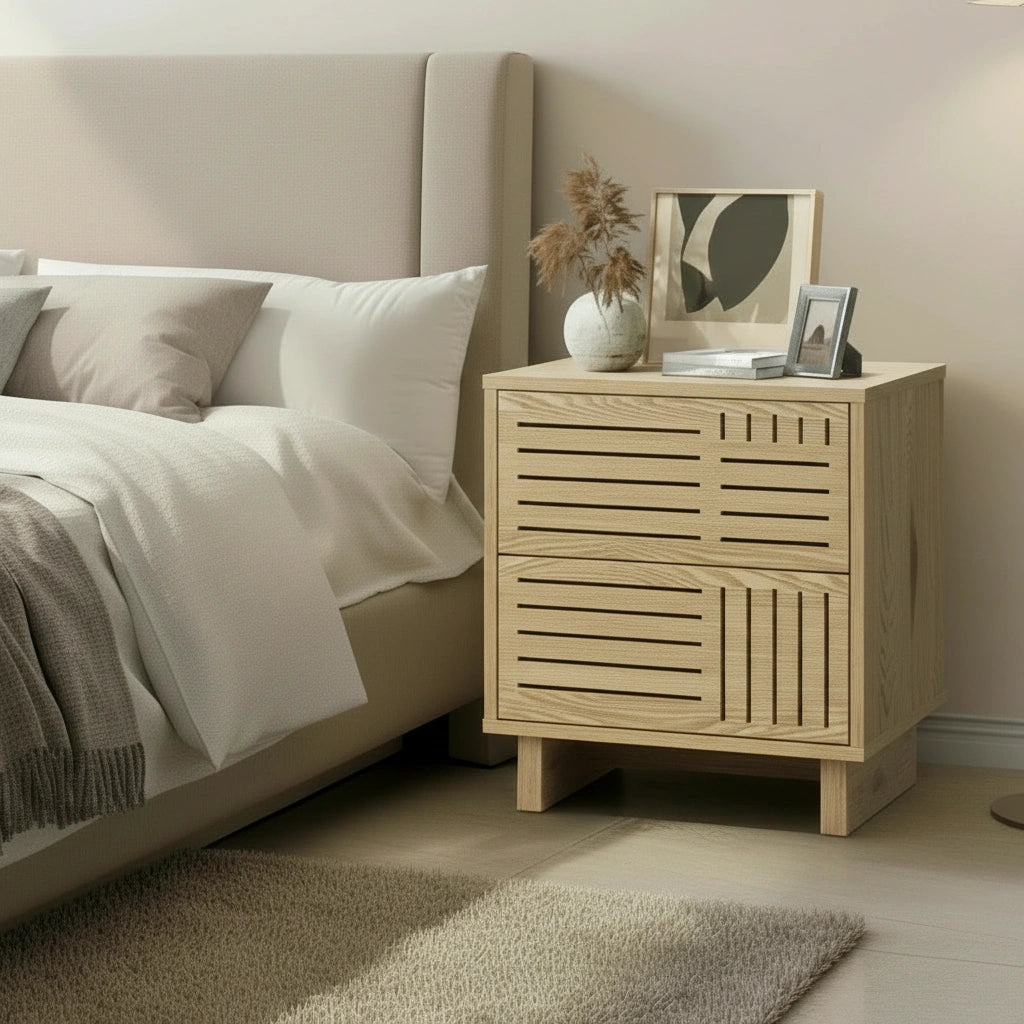 Matrix 2 Draw Natural Bedside Table | Modern Storage Bedside Unit Nightstand