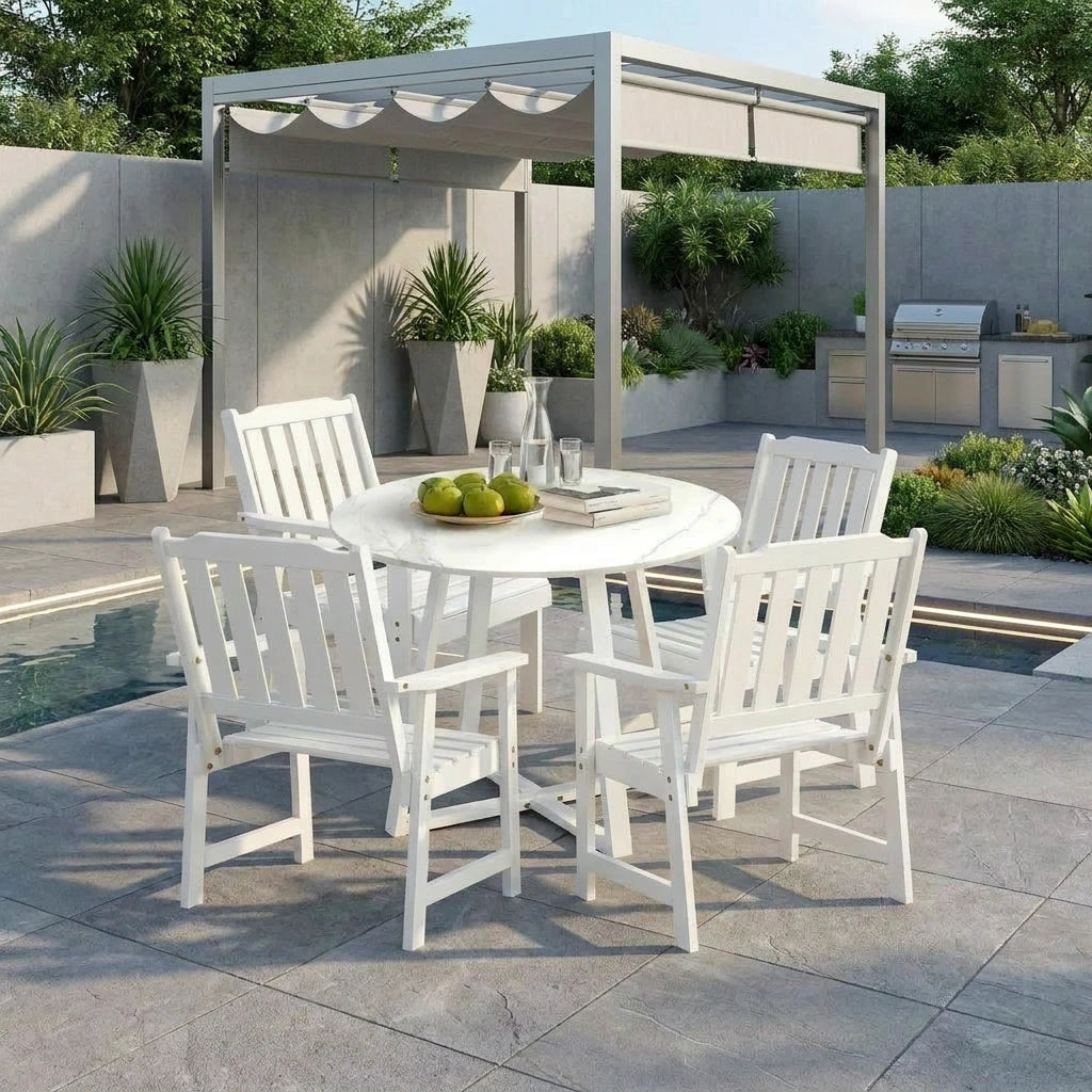Designer Eros Marble Stone Style Table and Chair Outdoor Set | 3 or 5pc Soft Cushioned Chairs and Table Patio Furniture Set