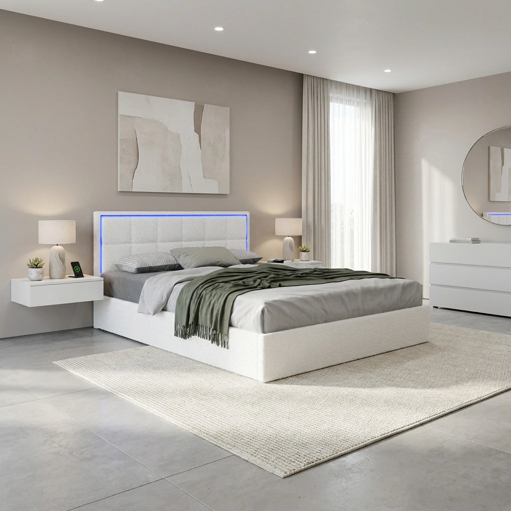 Neom Luxe Teddy Boucle Padded LED Bed Frame | Modern White Boucle Gas Lift Storage Bed with LED Lighting