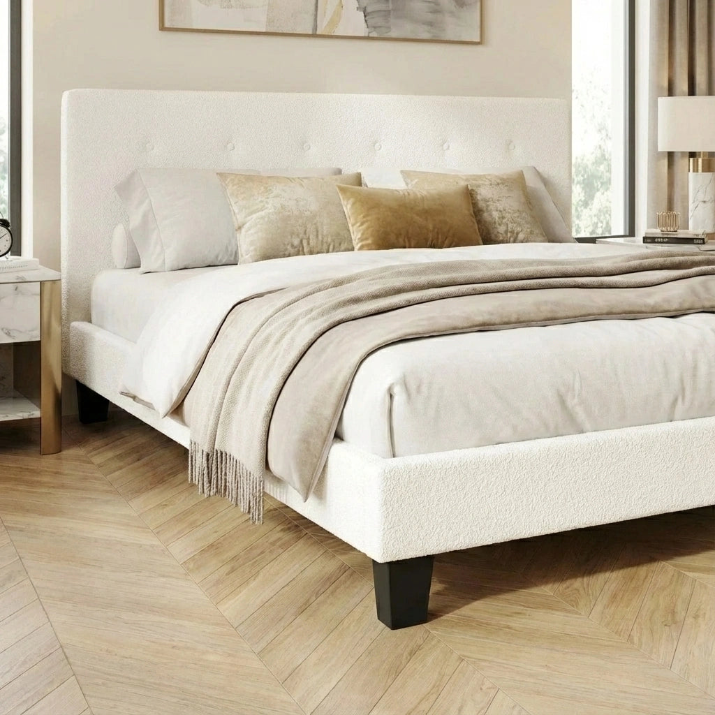 Teddy Luxe Soft Boucle Fabric Tuffted White Bed | Cushioned White Upholstered Tuffted Design Boucle Bed Frame