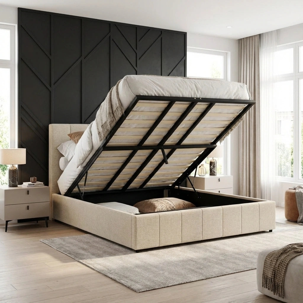 Premium Milano Beige Soft Fabric Gas Lift Storage Bed | Two In One Bed and Storage Combo Bed Frame