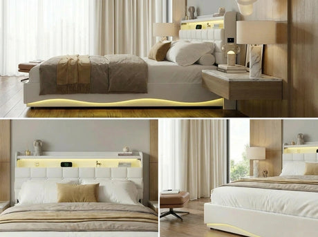 Monterro LED Gas Lift Storage Bed with USB Charging | PU Leather White LED Lights Bed Frame Dual Storage