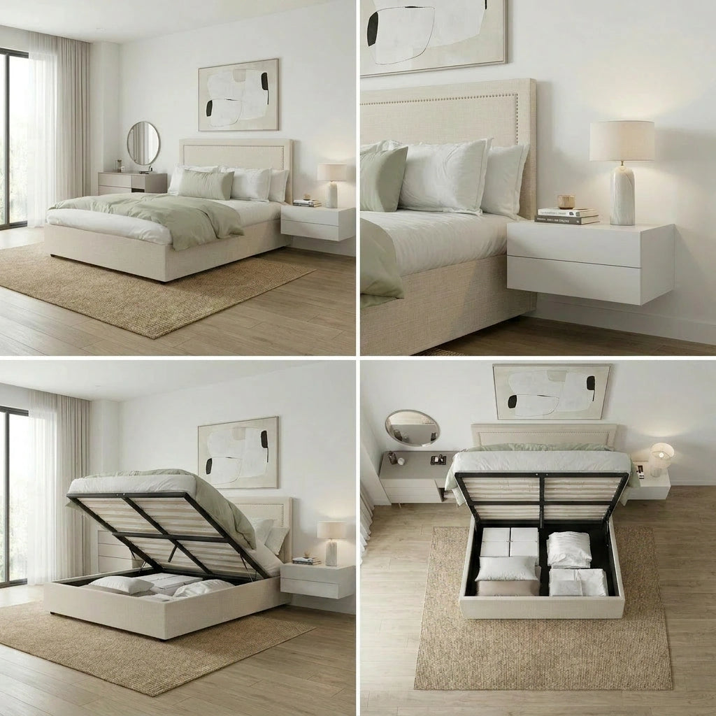 Scandi Luxe Linen Fabric Stud Trim Gas Lift Storage Bed | Premium Upholstered Storage Combo Bed Frame