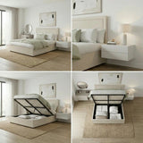 Scandi Luxe Linen Fabric Stud Trim Gas Lift Storage Bed | Premium Upholstered Storage Combo Bed Frame