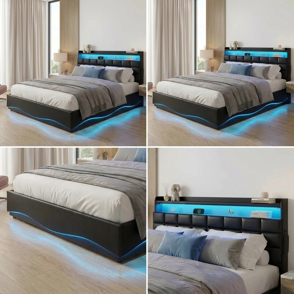 Nero LED Gas Lift Storage Bed with USB Charging | PU Leather Black LED Lights Bed Frame Dual Storage
