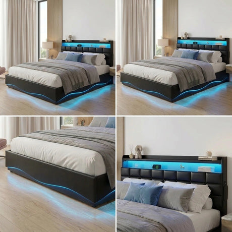 Nero LED Gas Lift Storage Bed with USB Charging | PU Leather Black LED Lights Bed Frame Dual Storage