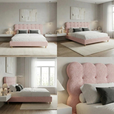 Millie Tuffted Pink Clouds Soft Boucle Fabric Bed | Cushioned Touch Pink Upholstered Boucle Bed Frame