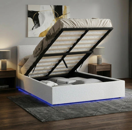 Premium Milano LED White Boucle Fabric Gas Lift Storage Bed | Glow Cushioned Two In One Bed and Storage Combo