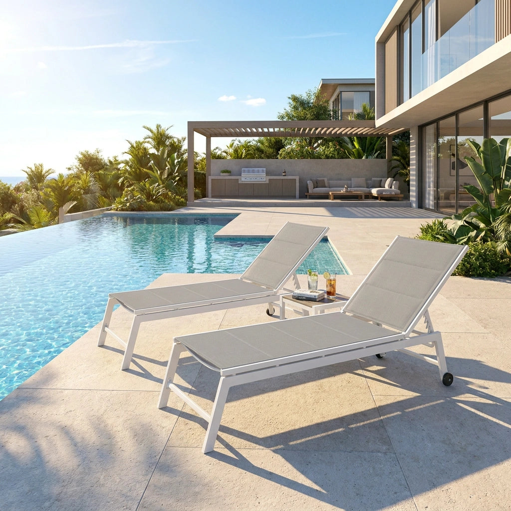 Santorini Adjustable Aluminium Sun Lounge | 5 Position Outdoor Pool Lounger Day Bed With Moveable Wheels