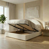 Luna Luxe Soft Boucle Gas Lift Storage Bed | Soft Cushioned Arched Boucle Bed Frame