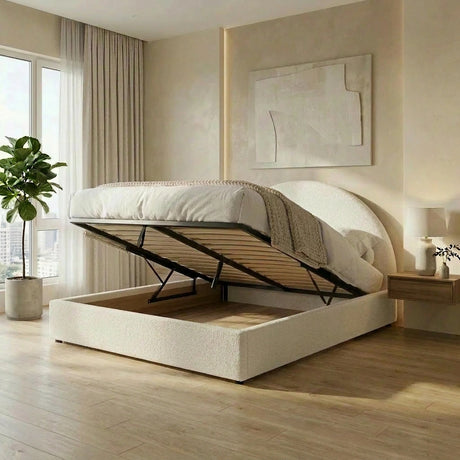 Luna Luxe Soft Boucle Gas Lift Storage Bed | Soft Cushioned Arched Boucle Bed Frame